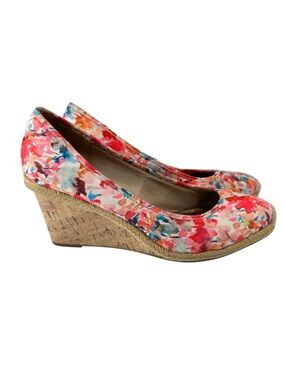 Life Stride Flex Floral Cork Wedge Pumps Watercolor Print Comfort Womens 10